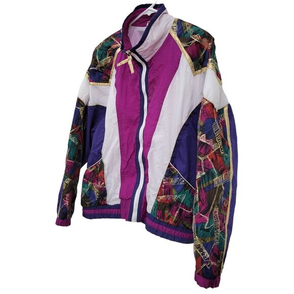 East West Vintage Bomber Nylon Windbreaker Full Zip Pink/Multi/Gold Women Sz M - Picture 4 of 8